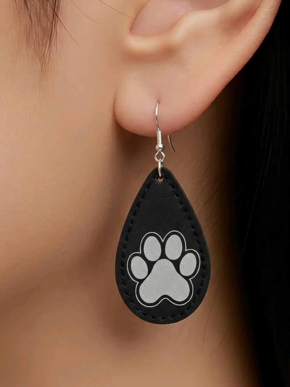 Black Paw Print Earrings Faux Leather Pet Lover Sport Team School Mascot Dangles